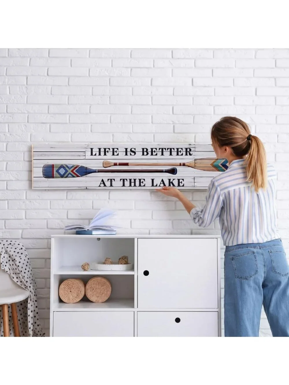 Rustic Lake Life Decor Sign - 36” Pine Wood Wall Art for Porch, Entryway & Home